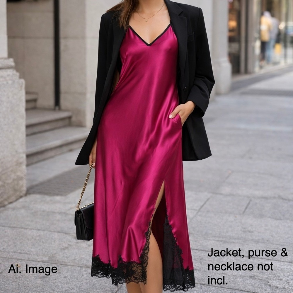 Oscar de la Renta Pink Label Lace Trim Slip Dress Fuchsia Side Slit Sz. M * READ